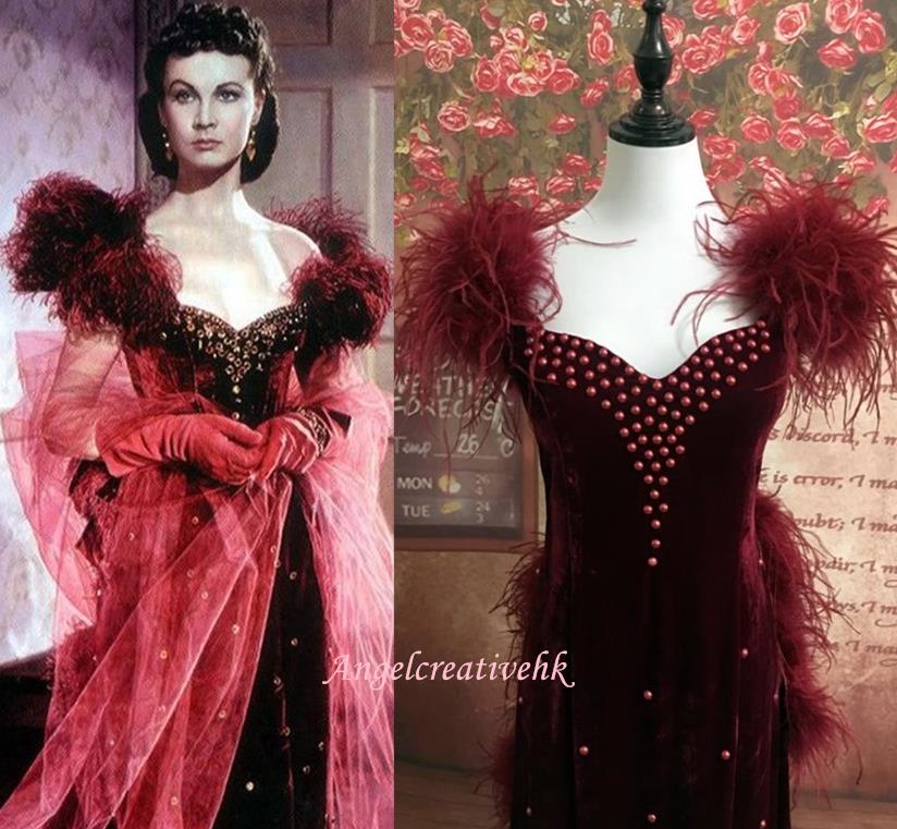 fitted lace wedding dress Gone With The Wind Burgundy Velvet Gown Scarlett O'Hara Red Dress – Angel  Creative Design